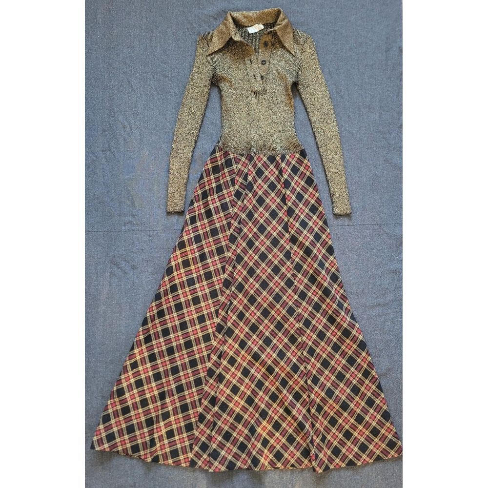 Vintage Crissa Linea Italiana Italy Wool Maxi Dress Tartan Gold‎ Red Holiday S